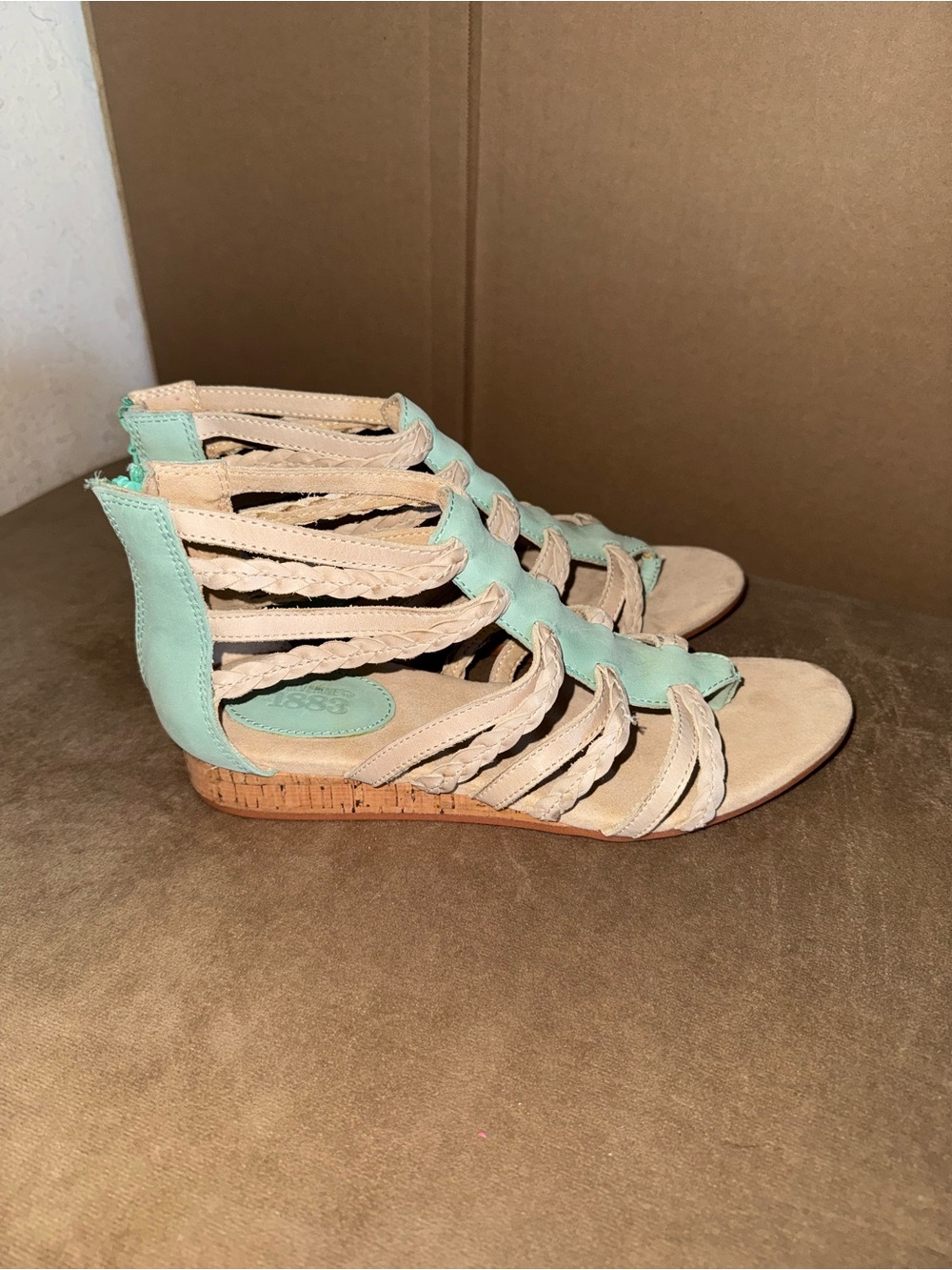 Wolverine Mint and Beige Braided Strappy Wedge Sandals